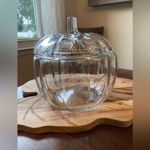 Vintage MCM Anchor Hocking Glass Pumpkin Cookie Jar Halloween Fall Thanksgiving